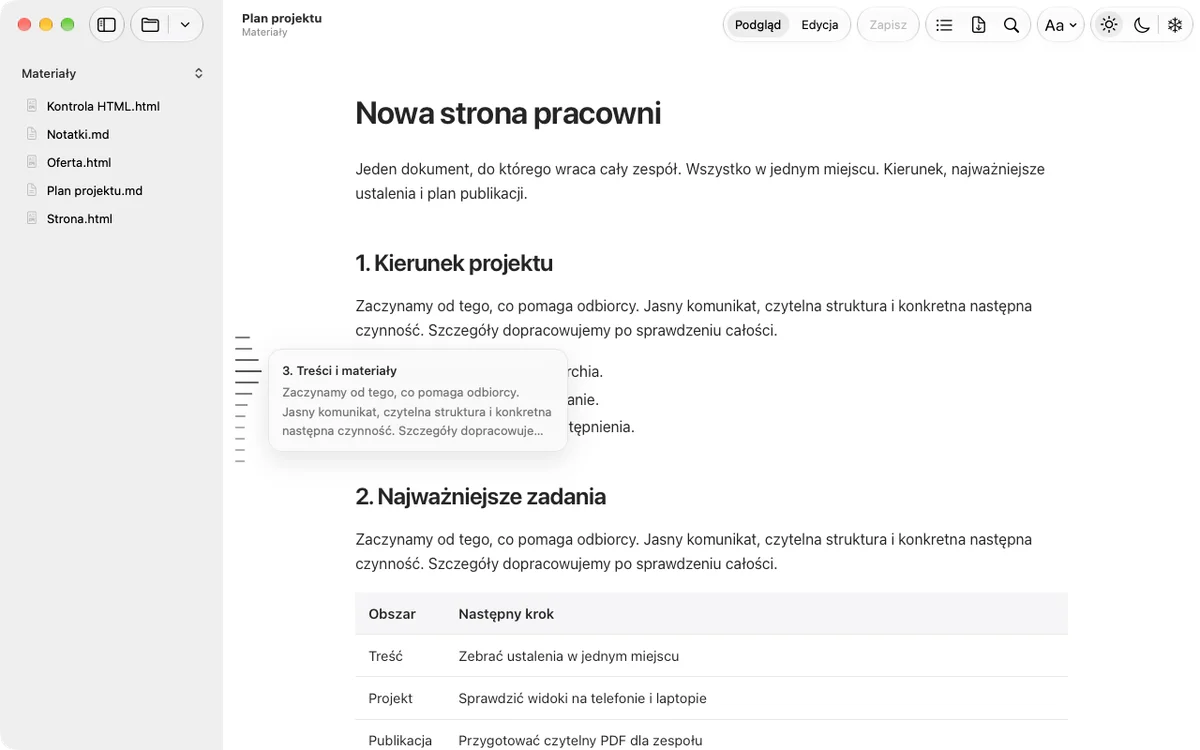 Wers 1.9: fala spisu treści i podgląd wybranego nagłówka Markdown