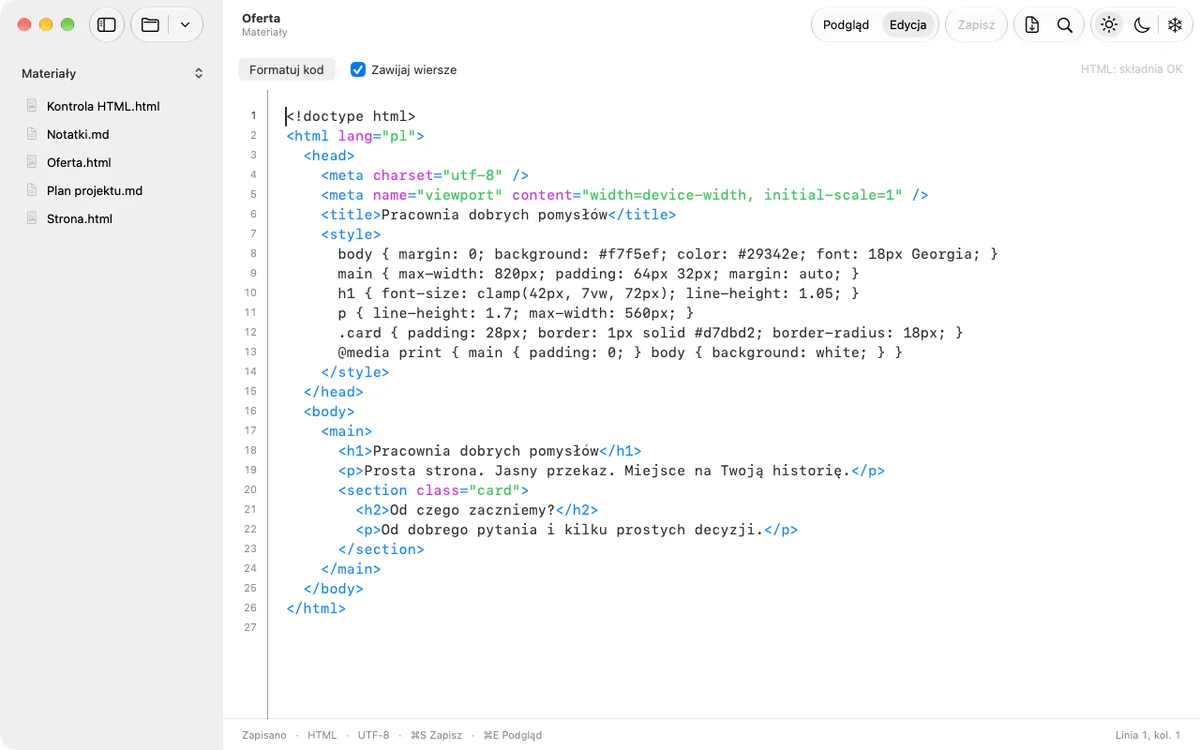 Wers 1.9: edytor HTML z numerami linii, zawijaniem i przyciskiem Formatuj kod