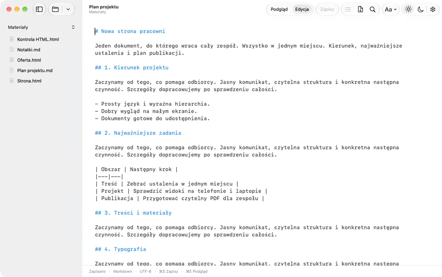 Rzeczywisty edytor Wers: źródło Markdown planu projektu, kolorowanie składni oraz status zapisu