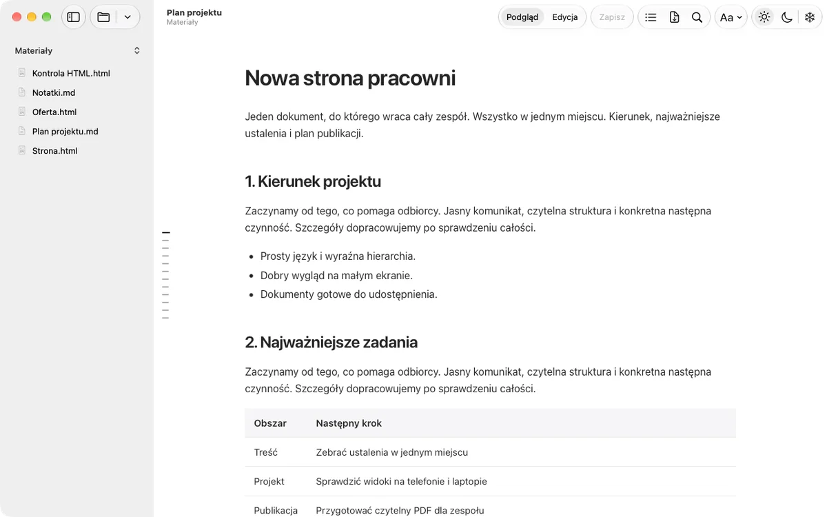 Pełne okno Wers 1.9: Plan projektu, folder dokumentów demonstracyjnych oraz aktualny pasek narzędzi z przełącznikiem Podgląd i Edycja