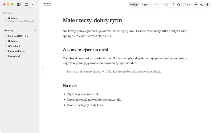 Rzeczywisty Wers: Notatki.md w sekcji Przypięte, delikatny separator i lista Ostatnio otwierane poniżej