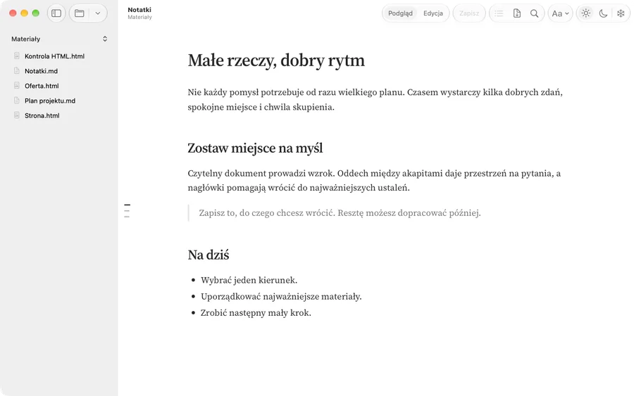 Prawdziwy widok Wers z książkowym krojem Source Serif 4 i przykładową notatką o spokojnym rytmie pracy