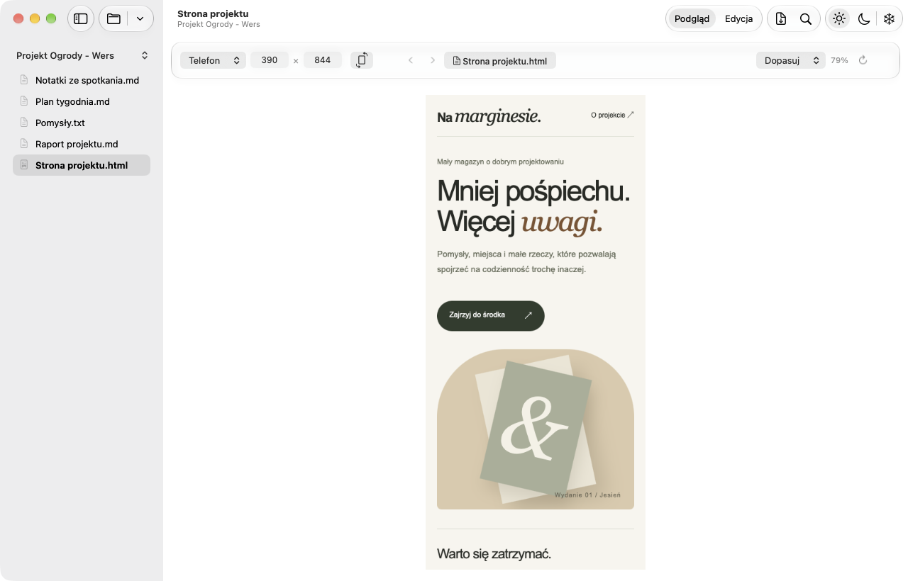 Wers 2.0: rzeczywisty podgląd HTML w rozmiarze Telefon