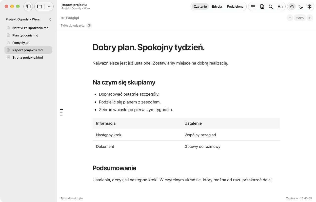 Wers 2.0: Czytanie raportu z panelem plików