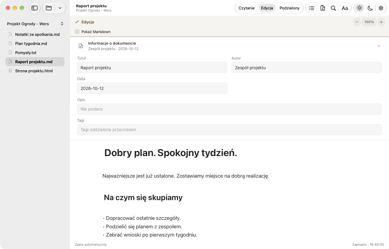 Wers 2.0: autozapis, czas zapisu i informacje o dokumencie