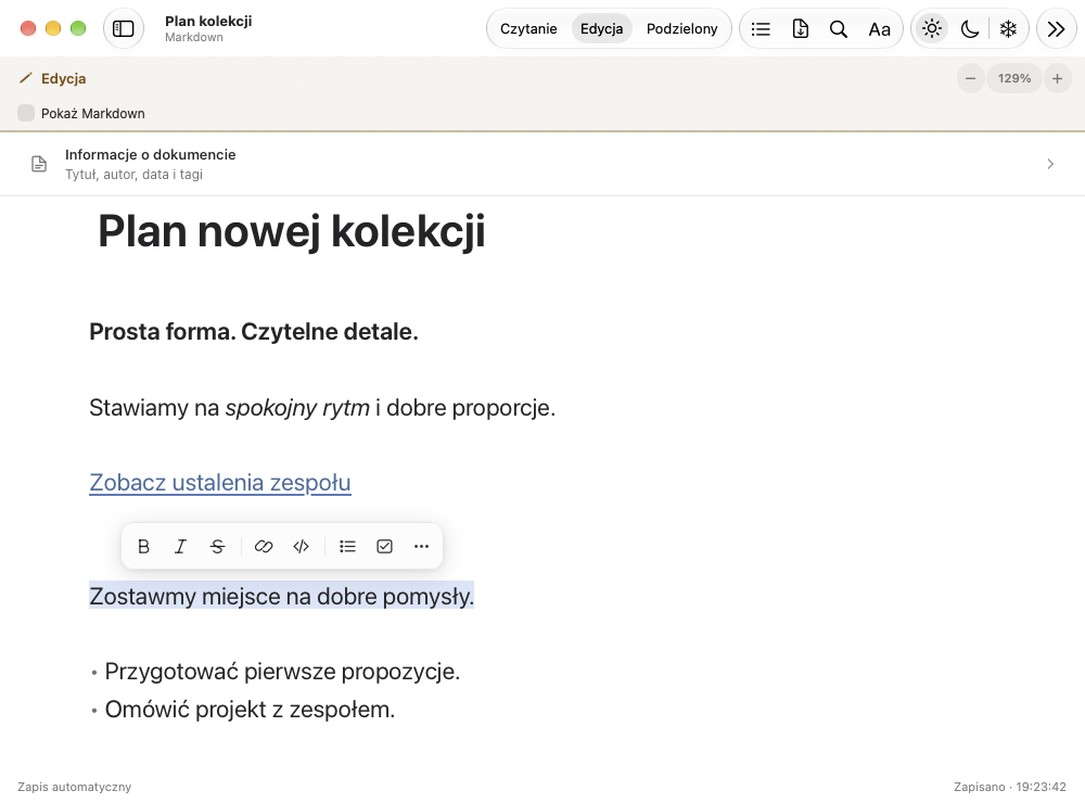Wers 2.0: edytor WYSIWYG z pogrubieniem, kursywą, linkiem i dymkiem narzędzi