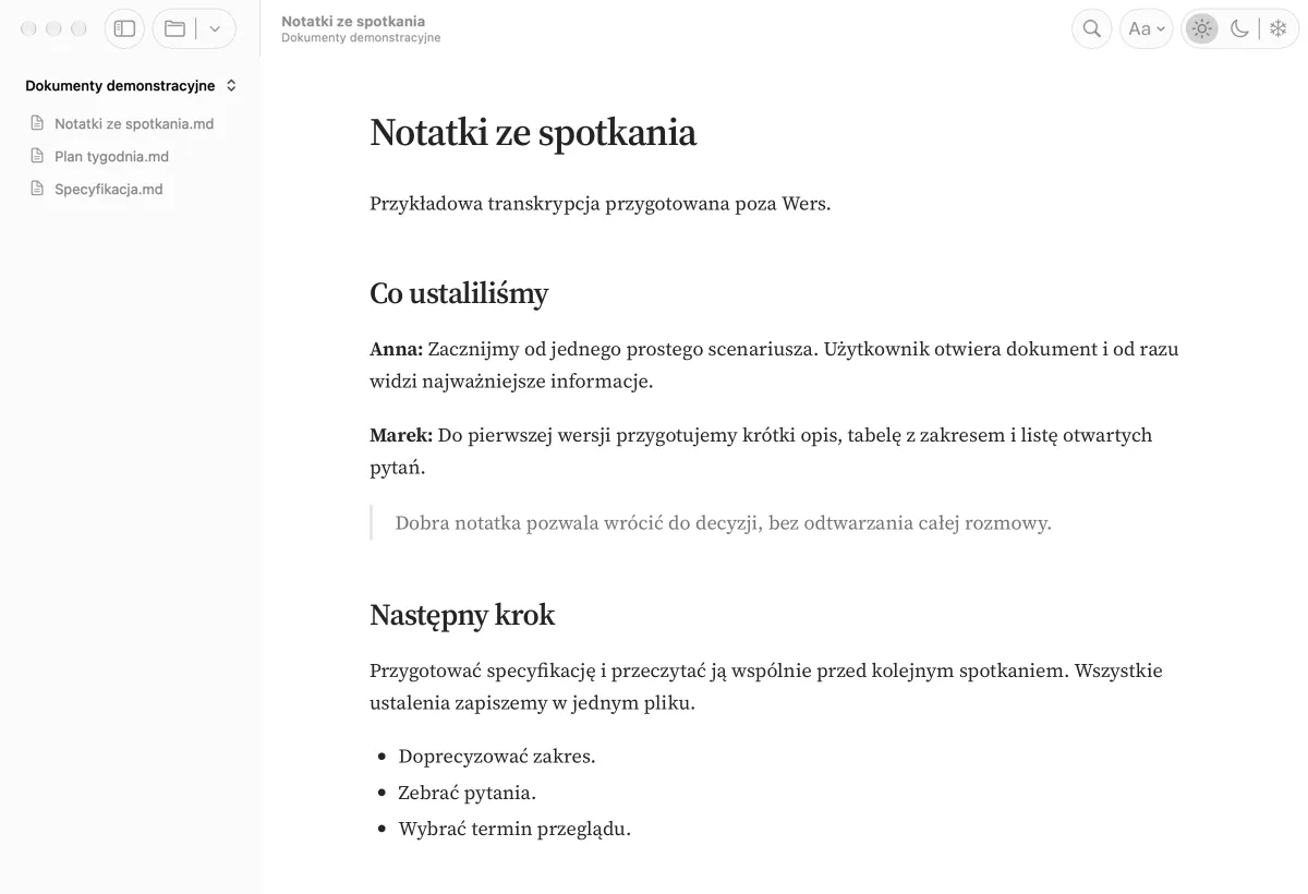 Prawdziwy widok Wers z książkowym krojem Source Serif 4 i przykładową notatką ze spotkania