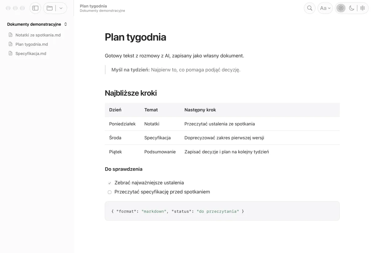 Wers w jasnym motywie: przykładowy plan tygodnia, panel plików i sformatowany dokument Markdown